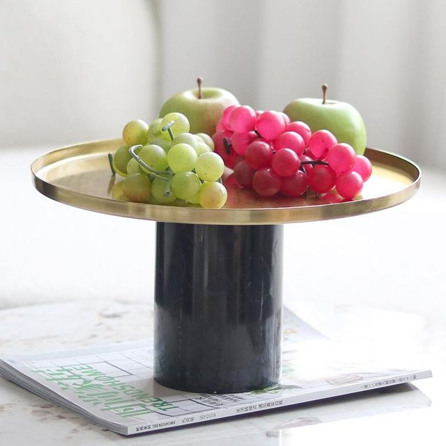 Runde Obstschale im modernen chinesischen Stil aus Metall und Marmor in Beige und Gold, Durchmesser: 30 cm, Höhe: 17 cm - Bild 1