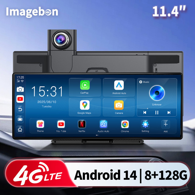 Imagebon 11,4 Zoll Android 14 Dashcam mit 4G LTE, 8-Kern Prozessor, kabellosem CarPlay, Android Auto, GPS-Navigation und Google Play in Schwarz - Bild 1