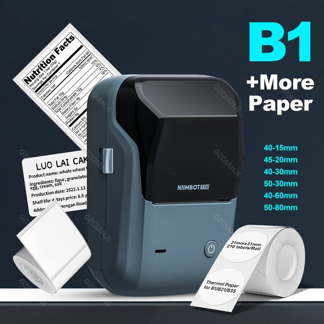 Niimbot B1 Tragbarer Bluetooth Thermo-Etikettendrucker für Barcodes und QR-Codes in Weiß - Bild 1