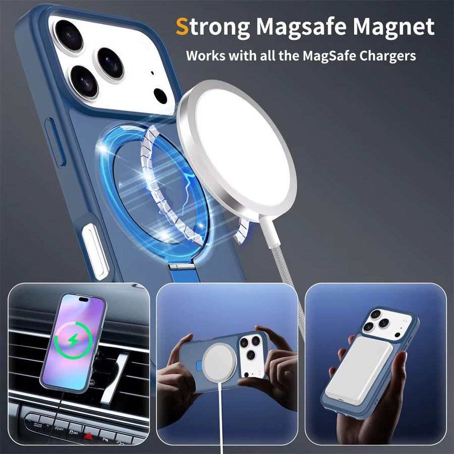 Vyimc MagSafe Magnetische Handyhülle mit Falten-Standfunktion für iPhone 17 Air 16 15 Pro Max 16E 14 Plus 13 12 in mattierter transluzenter Optik, Grau und Blau - Bild 3