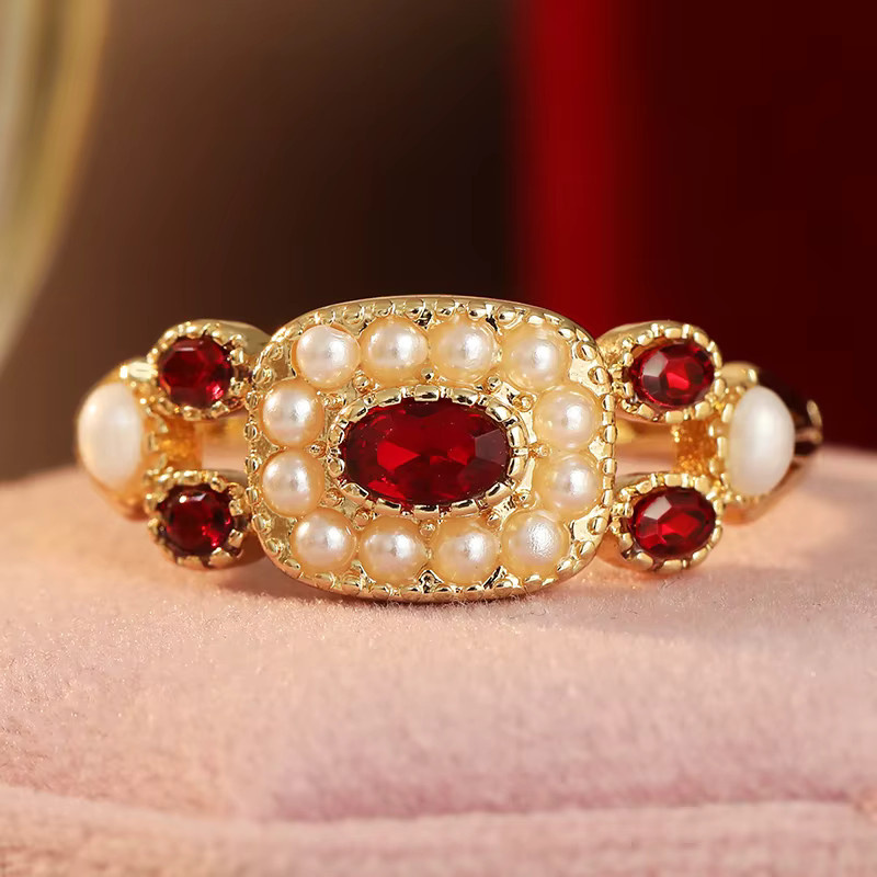 Ring für Damen, Imitationsperlen, rote Zirkonia, goldfarben - Bild 2