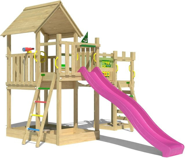 Jungle Gym Spielturm Lookout Holz Wackelbrücke Kletterrampe Rutsche Fuchsia - Bild 1