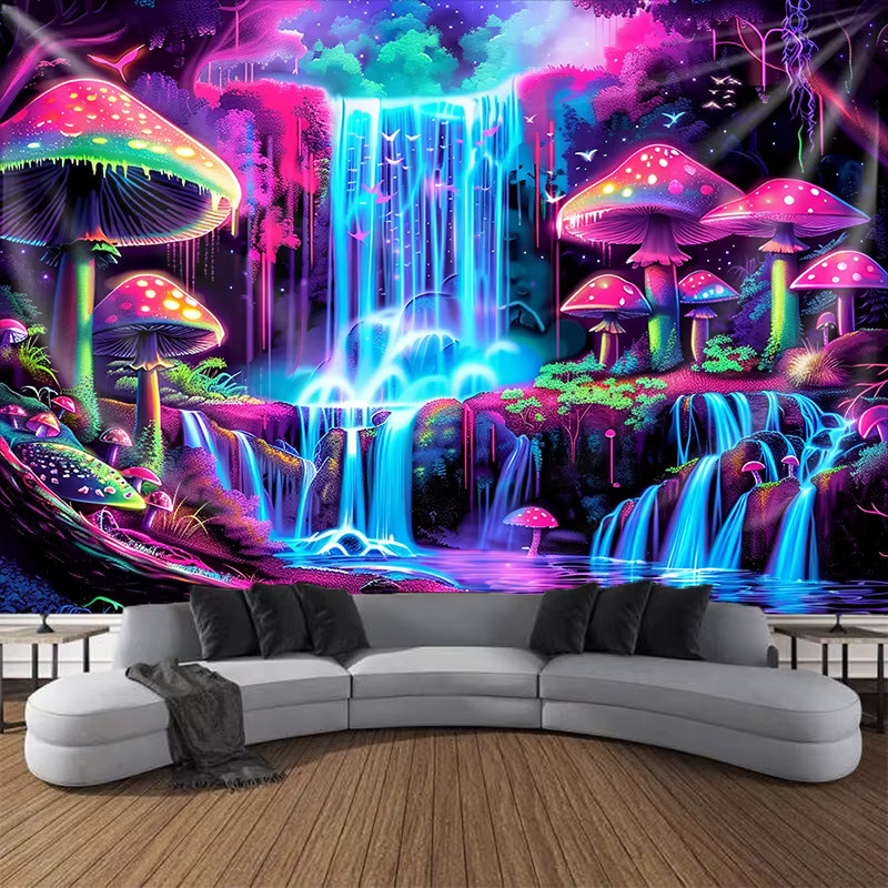 VIKAMA Wandteppich Pilzwald mit schwarzem Licht in Schwarz und Multicolour, dekorativer Wandbehang im Boho-Stil für Wohnzimmer und Schlafzimmer, Breite: 60 cm, Höhe: 40 cm - Bild 2