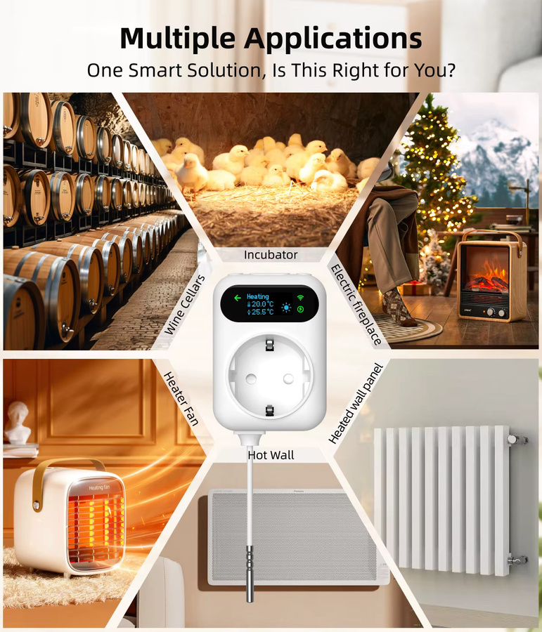 Tuya Smart WiFi Thermostat Steckdose mit Energiemonitor, 16A App-Steuerung und Sprachsteuerung für Heizung und Kühlung, Weiß - Bild 2