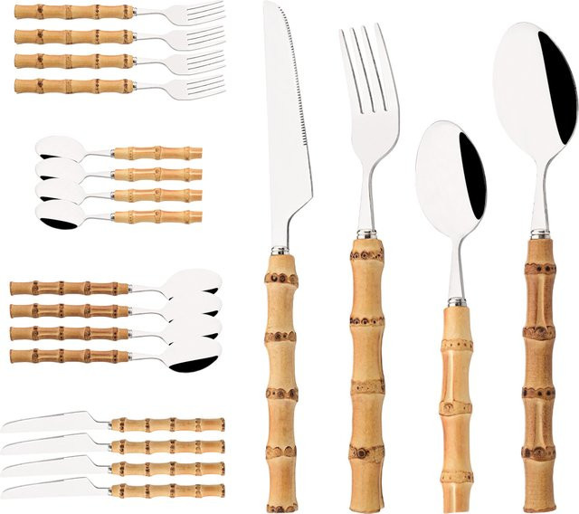 Uniturcky Besteckset aus Edelstahl und Bambusholz in Silber und Braun mit Messer, Löffel und Gabel - Bild 1