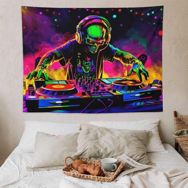 VIKAMA Wandteppich mit im Dunkeln leuchtendem Totenkopf und Neon-Plattenspieler, Mehrfarbig, B: 60 cm, H: 40 cm - Bild 1