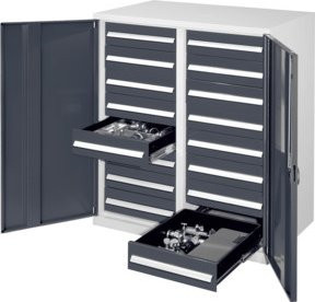 Kappes Schwerlastbeistellschrank Mod. 72 in Grau mit Vollblechtüren, internen Schubladen, Regalböden und Schloss, B/T/H: 60 x 60 x 111 cm - Bild 1