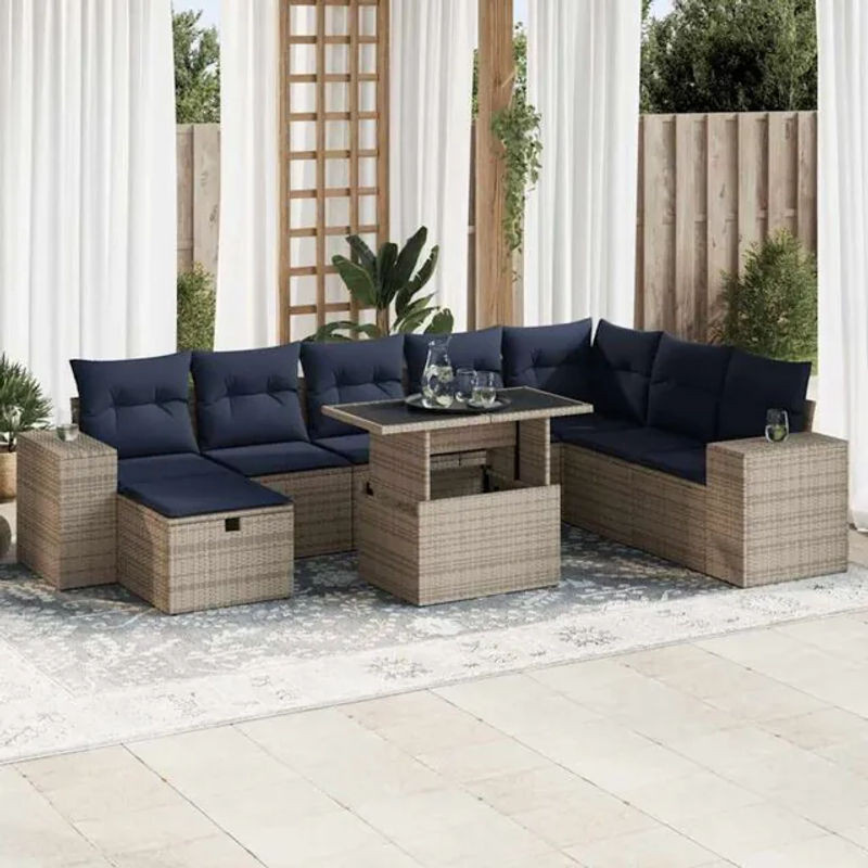 9-teilige Garten-Sofagarnitur aus braunem Poly-Rattan und Akazie mit Kissen von vidaxl - Bild 1