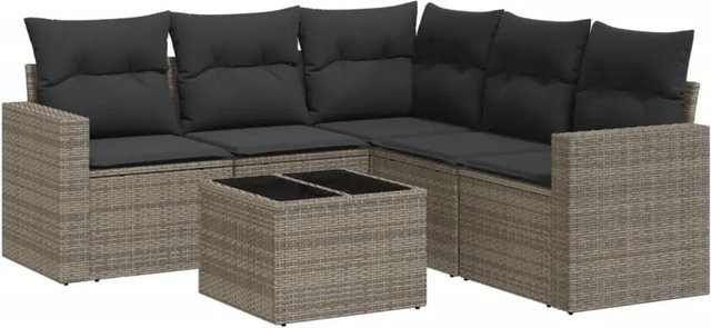 vidaXL 6-teilige Garten-Sofagarnitur in L-Form aus grauem Poly-Rattan mit Kissen und pulverbeschichtetem Stahlgestell - Bild 1