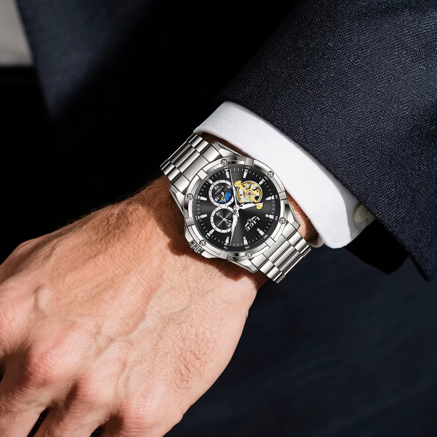 LIGE Armbanduhr Automatik, Edelstahl, Silber, Herren, Mondphase - Bild 6
