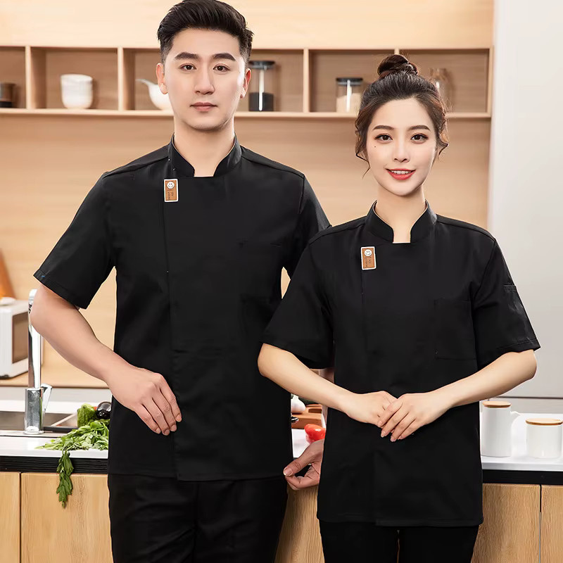 JUNICEJU Professionelle Koch-Arbeitskleidung in Schwarz bestehend aus Oberteil und Mütze für Restaurant und Catering - Bild 3