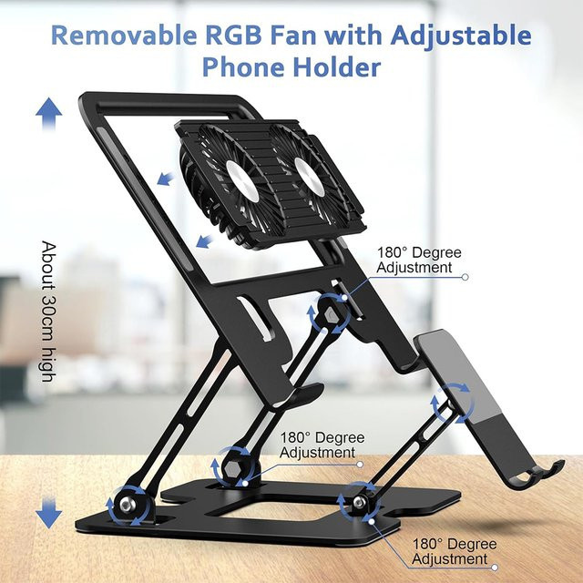 Zusammenklappbare 2-in-1 Laptop und Smartphone Halterung aus Kohlenstoffstahl in Schwarz zur ergonomischen Wärmeableitung - Bild 1