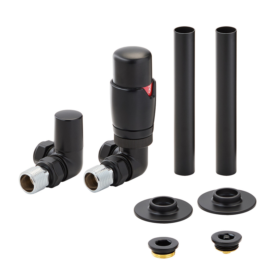Hudson Reed Thermostatisches Eckventilset mit Thermostatkopf in Schwarz Matt und 1/2 Zoll Anschluss aus Messing - Bild 1
