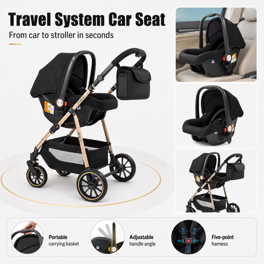 3-in-1 Baby-Kinderwagen Reisesystem mit Babywanne und Babyschale, faltbar und leicht, Schwarz-Gold mit Stoßdämpfung und EVA-Rädern - Bild 7