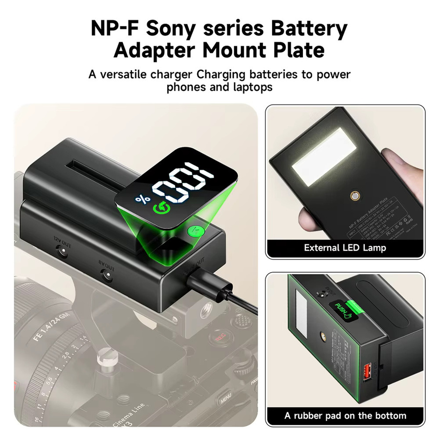 PALO NP-F Batterieladegerät mit Batterieadapterplatte und Kaltschuhadapter sowie 1/4 Zoll Anschluss für NP-F550 F750 F970 F980, Schwarz - Bild 5