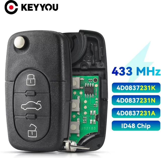 Keyyou 2er-Set Auto Fernbedienung Schlüsselanhänger für Audi A3 A4 A6 A8 TT RS4 Quattro mit 433 MHz ID48 Chip in Schwarz - Bild 1