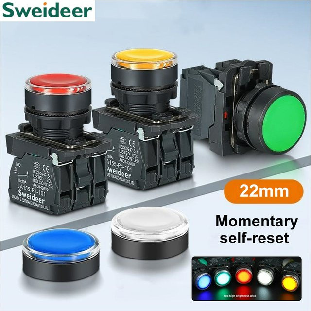 XB4 Druckknopfschalter mit LED von Sweideer, Momentan mit Selbstrückstellung, 22mm, 10A, 1NO 1NC 2NO, Farben: Rot, Grün, Gelb - Bild 1