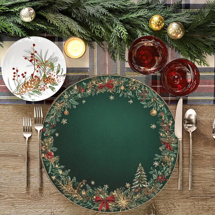 VIKAMA 4er Set Weihnachtstischsets aus Leinen mit Holly Berry und Schneeflocken Design, Grün, Durchmesser: 38 cm - Bild 3