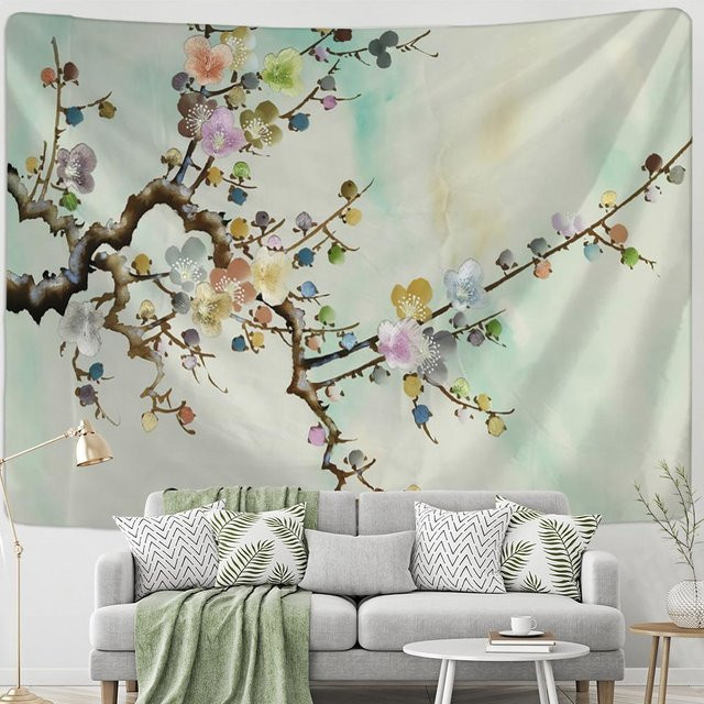 Wandteppich im Boho-Stil mit fliegendem Vogel und Blumen in Grau und Multicolour, B/H: 95 x 70 cm - Bild 1
