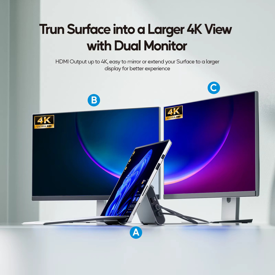 PULWTOP USB C Dockingstation Dual Monitor in Grau mit 2 HDMI 4K, USB-C/A 10 Gbit/s, USB-A 5 Gbit/s und RJ45 Ethernet/LAN sowie PD-Unterstützung - Bild 4
