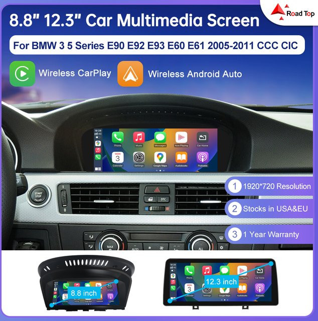 Road Top Wireless CarPlay Touchscreen Multimedia Autoradio für BMW 3er/5er Serie E90/E91/E92/E93 E60 E61 E62 CCC/CIC mit Android Auto in Schwarz - Bild 1