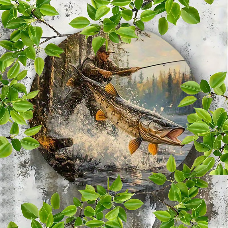 Rustikales Fischer Rundschild aus Aluminium von Potdemiel mit Big Fish River Forest Wandkunst zur Wandmontage - Bild 3