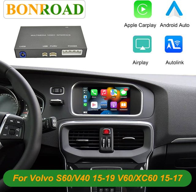 Bonroad Wireless CarPlay und Android Auto Interface Decoder Box für Volvo XC60 V60 V40 S60 2015-2019 mit Earth Button, Airplay und Autolink Modul, Schwarz - Bild 1