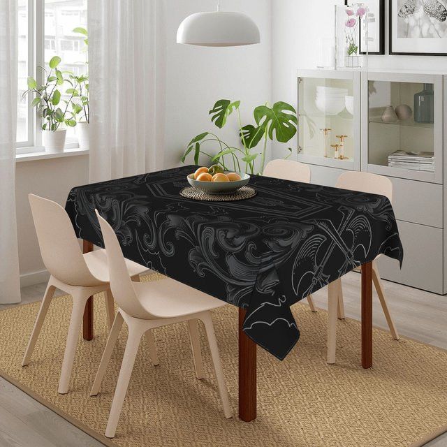 VIKAMA Gothic-Tischdecke aus schwarzem Damast mit Vintage-Blumenmuster, wasserabweisend - Bild 1