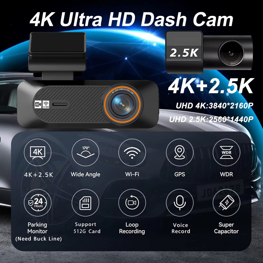 MYOLSD Dual-Objektiv Auto-Dashcam mit 4K 2160P und 2.5K 1440P Auflösung, Front- und Rückansicht, WLAN-Verbindung und 24-Stunden-Parkassistenz, Schwarz - Bild 2
