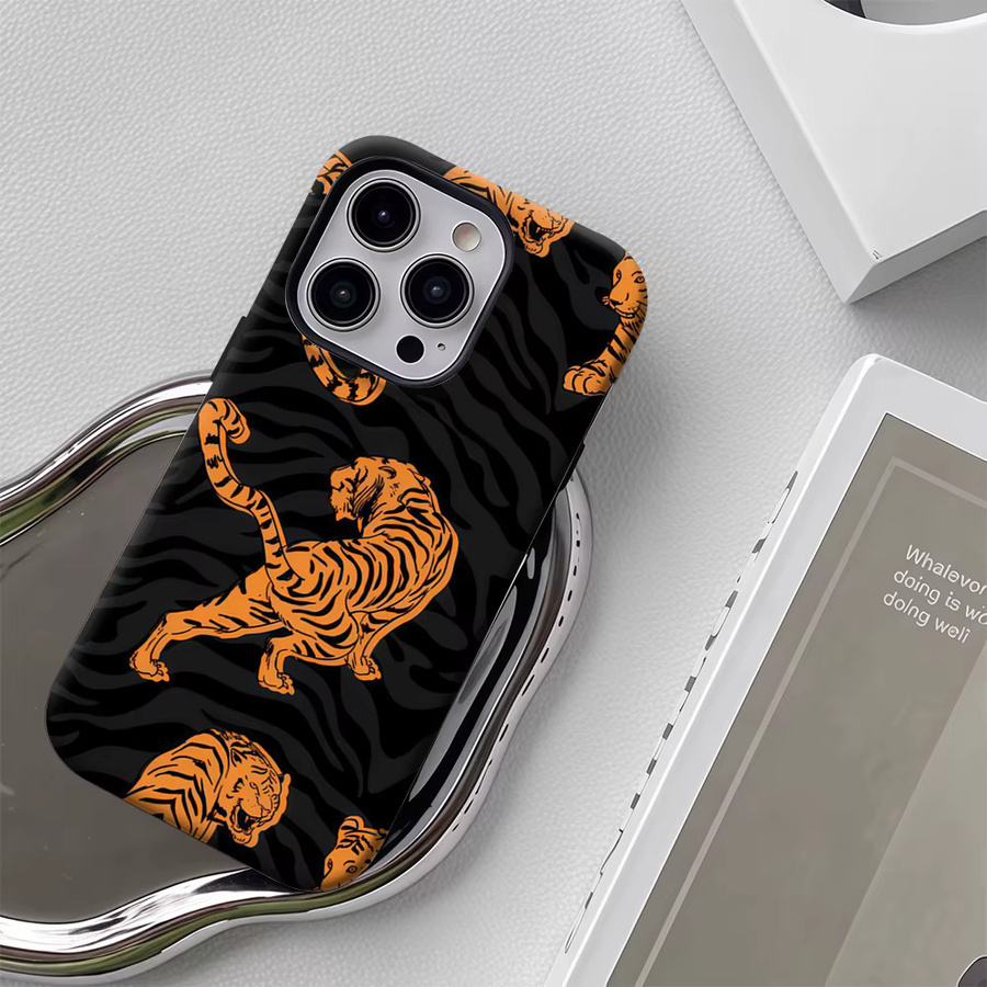 Potdemiel Handyhülle mit Orange-Tiger-Design in Orange und Schwarz, doppelschichtige Rückabdeckung kompatibel mit iPhone 18 17 16 15 14 13 12 Pro Max Plus - Bild 5