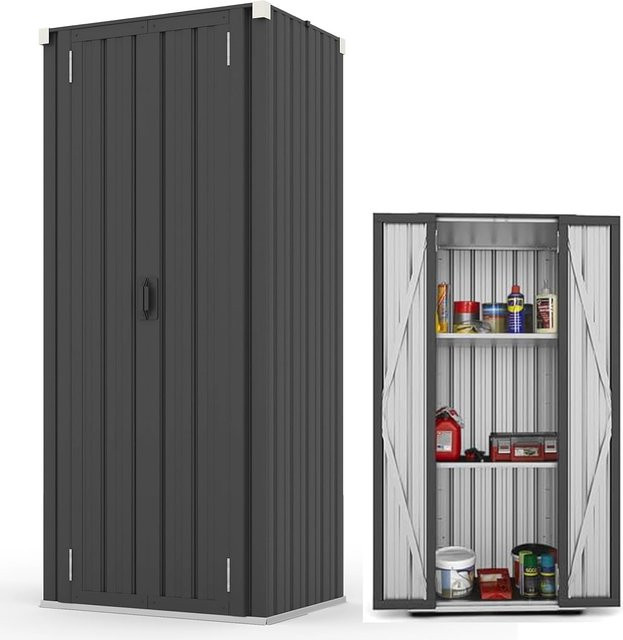YODOLLA Hoher Outdoor Garten-Aufbewahrungsschrank aus Metall mit 3 verstellbaren Regalen und Scharniertüren, Wetterfestes Metallschränkchen für Garten, Garage oder Terrasse, Dunkelgrau Matt - Bild 1