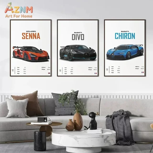 Rastar Hypercar Leinwand-Wandkunst McLaren Senna Bugatti Divo Chiron Poster Multicolour - Bild 1