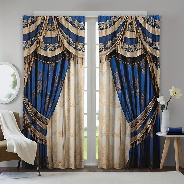 2er-Pack Europäische Eleganz Vorhänge mit 3D-Digitaldruck, lichtfilternd und semi-transparent, Farbe: Blau, B: 110 cm, H: 240 cm - Bild 1