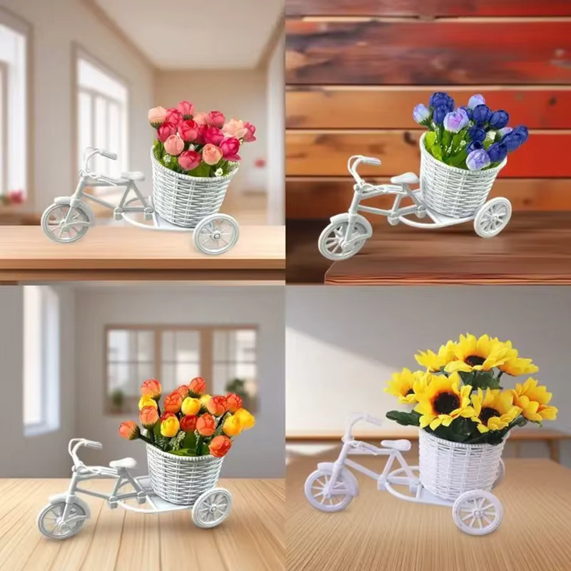 SHNGki Rattan Blumenkorb als Dekoration in Form eines Dreirad-Fahrrad-Modells in Weiß für Hochzeit und Party - Bild 4