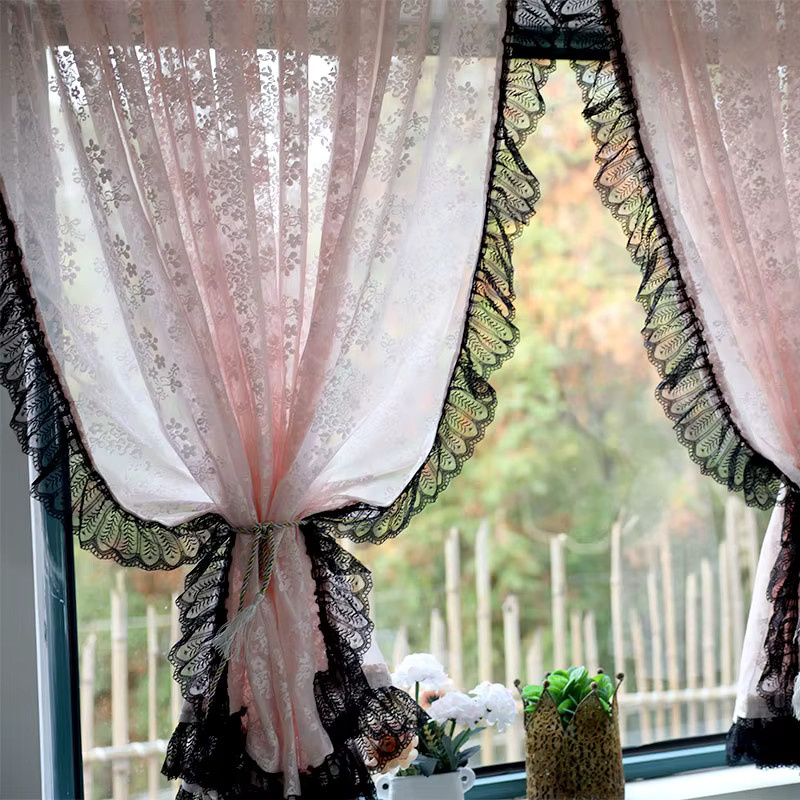 AiFish Jacquard-Vorhang mit floralem Spitzenmuster in Schwarz und Rosa, transparent, Shabby Chic Design - Bild 3