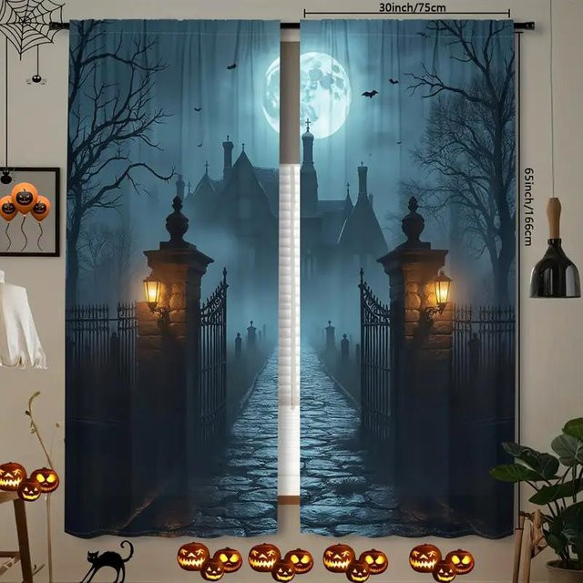 Yiran Furniture Halloween Vorhänge im Gothic-Stil mit Schloss-Nachtszene, 2er-Set, halbtransparent, B: 35 cm, H: 100 cm - Bild 1
