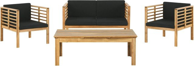 Beliani Sitzgruppe PACIFIC aus Akazienholz mit Polsterung und Kissen, Farbe Schwarz/Beige, B/T/H: 130 x 70 x 70 cm - Bild 1