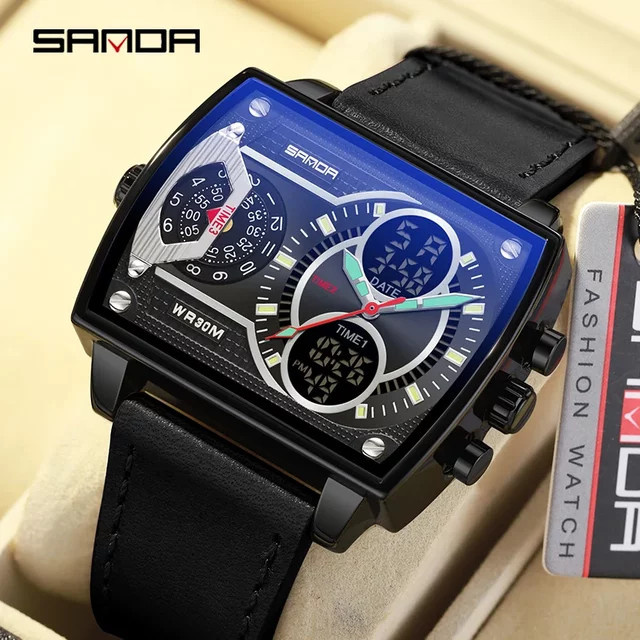 SANDA Armbanduhr, Analog-Digital, Quarz, Leder, Schwarz, Herren - Bild 1