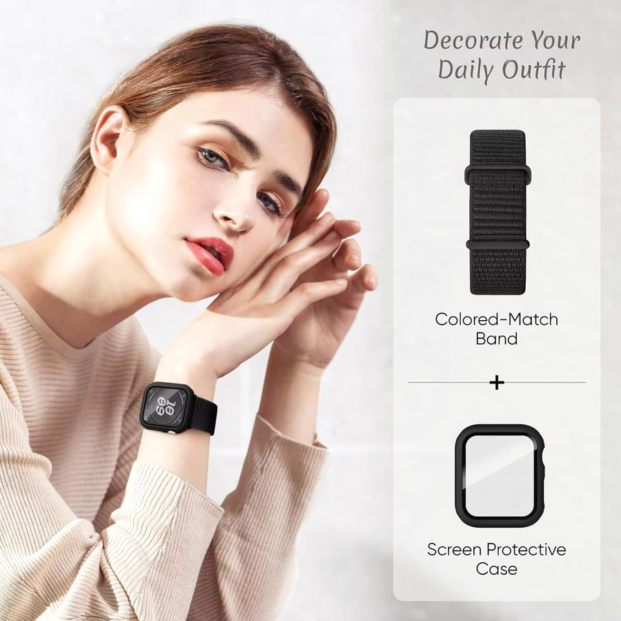 Samusak Uhrenarmband und Schutzhülle für Apple Watch, atmungsaktives Nylonarmband mit Gehäuse, Schwarz, Unisex - Bild 4