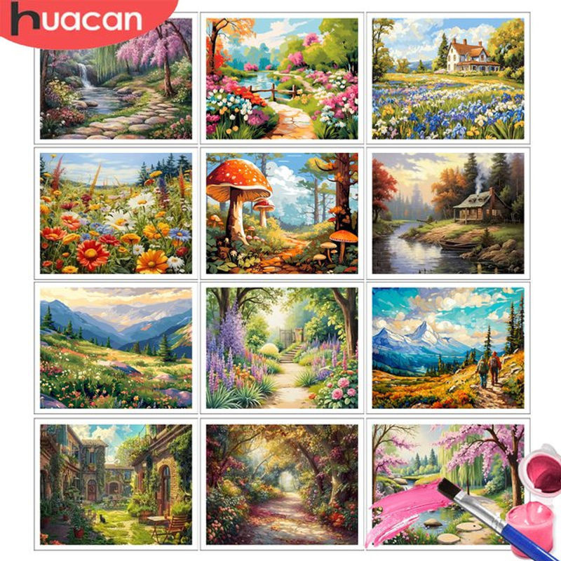 HUACAN Malen nach Zahlen Set mit floraler Frühling-Naturlandschaft auf Leinwand, mehrfarbig - Bild 1