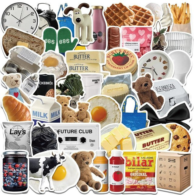 Fashnics Cartoon Milch Butter Lebensmittel Aufkleber, 50-teiliges Set, grey, multicolour - Bild 1