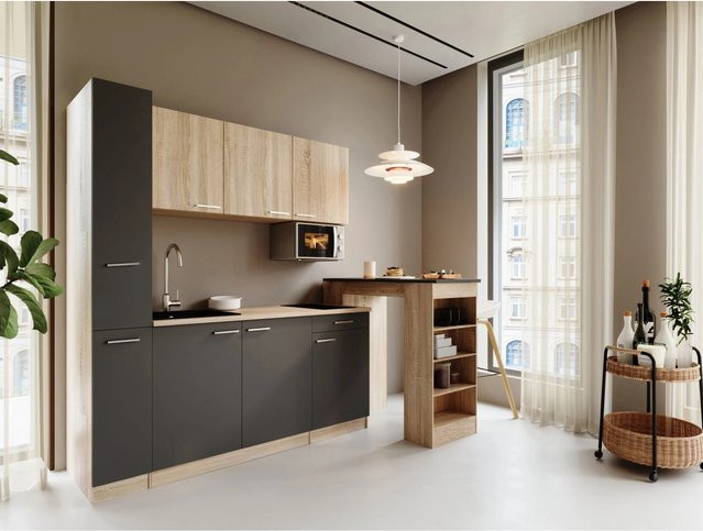 Respekta Ingrid Singleküche modern in Grau mit Mikrowelle, Bartisch und Apothekerschrank, Breite: 180 cm - Bild 1