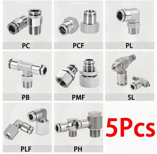 5 Stück AFR Pneumatikschlauchanschluss aus 304 Edelstahl in Silber, verschiedene Rohrverschraubungen für Luftschlauch PC PB PCF PL PMF SL PLF PH, Gewinde 1/8 1/4 3/8 1/2 BSP - Bild 1