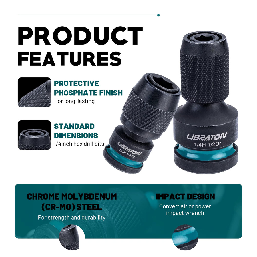 LIBRATON 4er Set Impact Hex Konverter Universal Schlagschrauber Adapter in Schwarz, 1/4 Zoll, 3/8 Zoll und 1/2 Zoll mit Innensechskant und Schnellwechsel-Funktion - Bild 3
