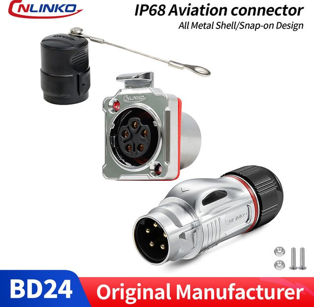 CNLINKO BD24 Wasserdichter industrieller elektrischer Steckverbinder mit Metallgehäuse in Silber, Panel Mount Snap-on, IP68 Schutzklasse, 5/14 Pin für Strom und Transport - Bild 1