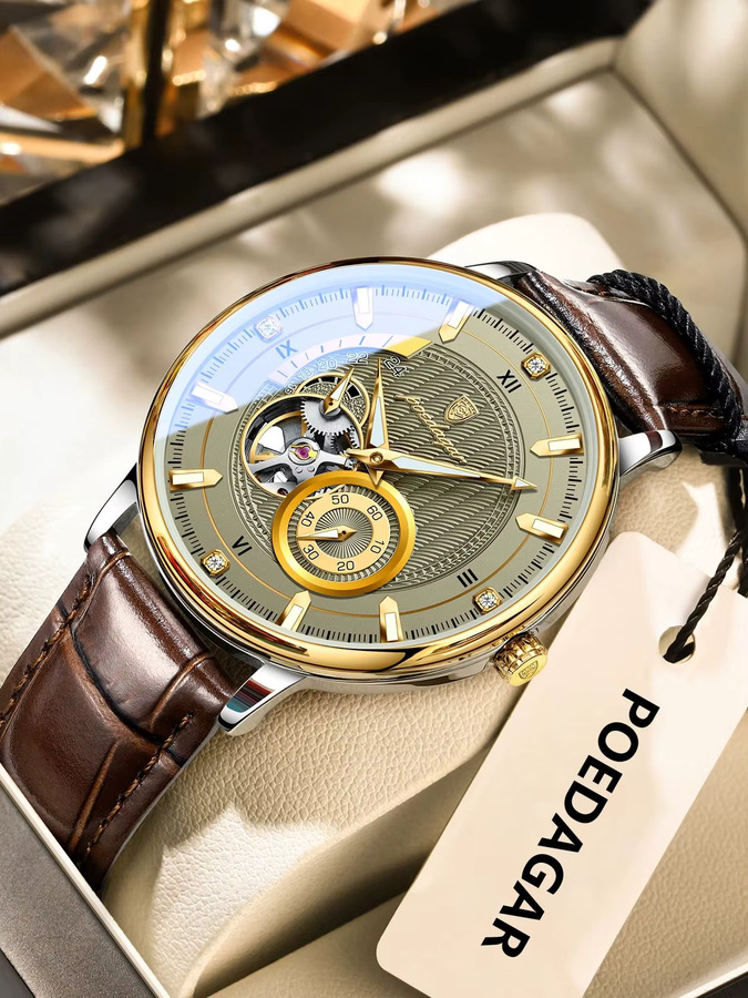 POEDAGAR Armbanduhr Automatik, Leder, Gold, Herren - Bild 7