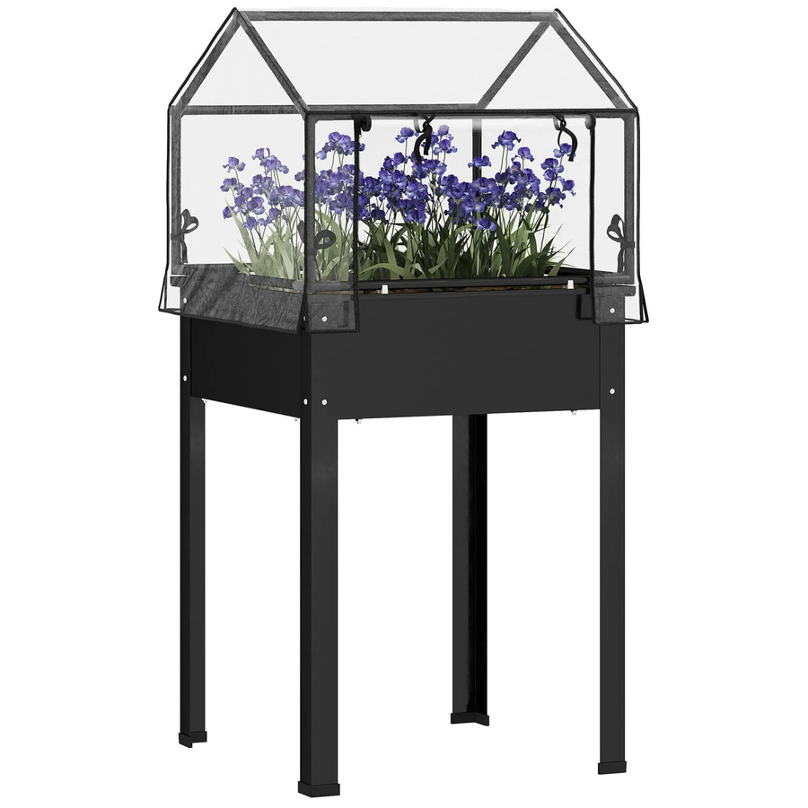 Outsunny Hochbeetkasten aus Stahl und Kunststoff in Schwarz mit Gewächshausschutz und Ablaufloch, B: 60 cm, T: 60 cm, H: 120 cm - Bild 2