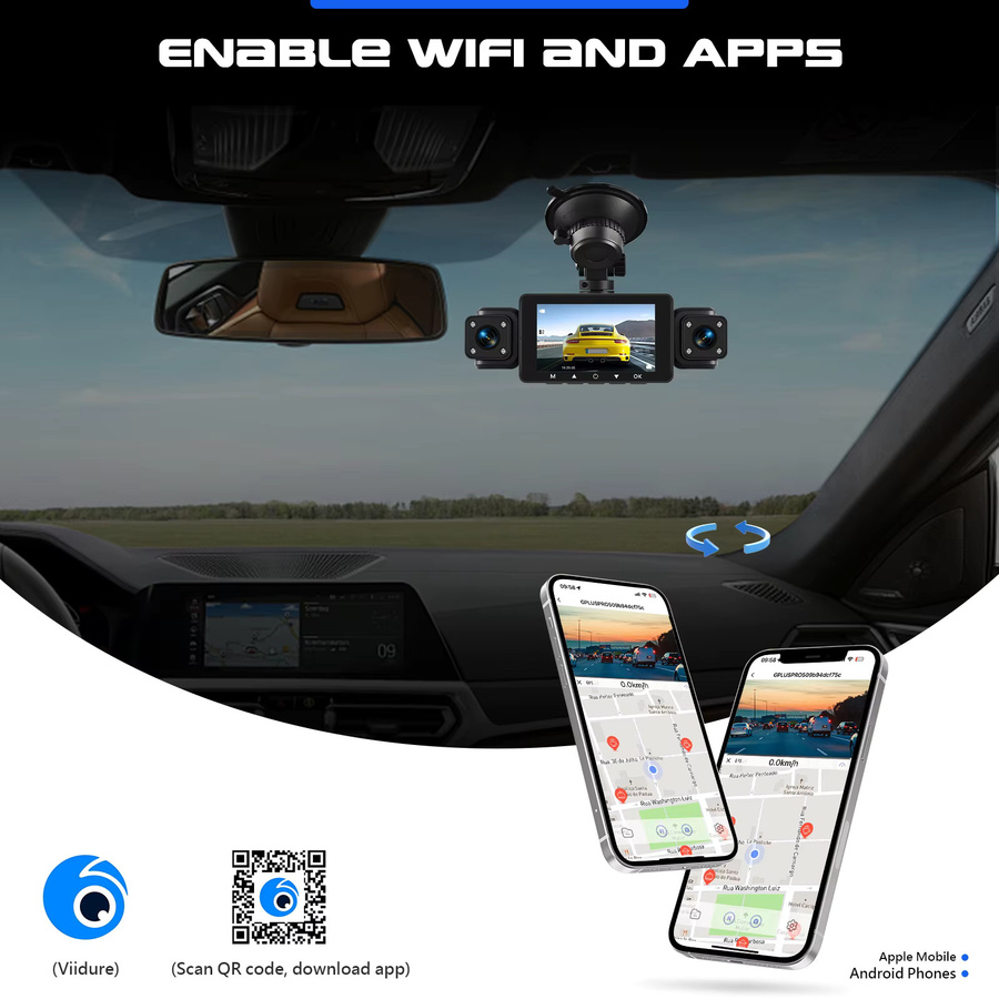 Podofo Dashcam mit 1080P Full HD, WIFI App-Steuerung, 4 Linsen, Nachtsicht und Bewegungserkennung in Schwarz - Bild 2