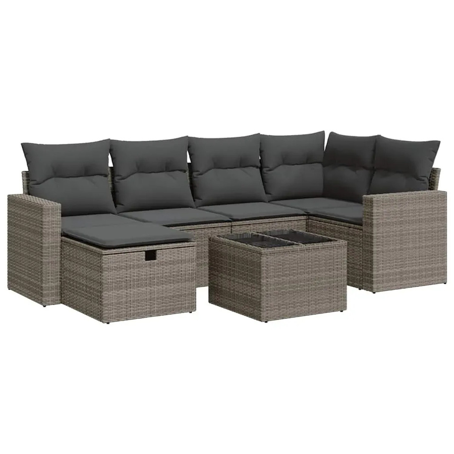 vidaXL 7-tlg. Garten-Sofagarnitur in L-Form aus Poly Rattan mit Kissen und Glastisch in Grau - Bild 2