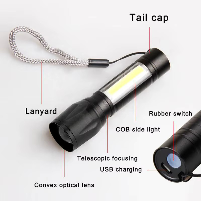 LED-Taschenlampe mit USB-Aufladung und Seitenlicht in Schwarz für Camping und Outdoor mit Teleskop-Zoom und COB-Funktion - Bild 2